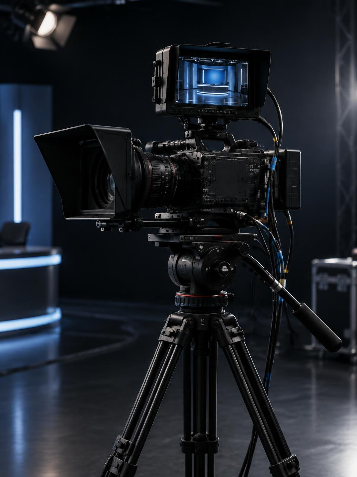 Professional studio camera on a tripod with a monitor